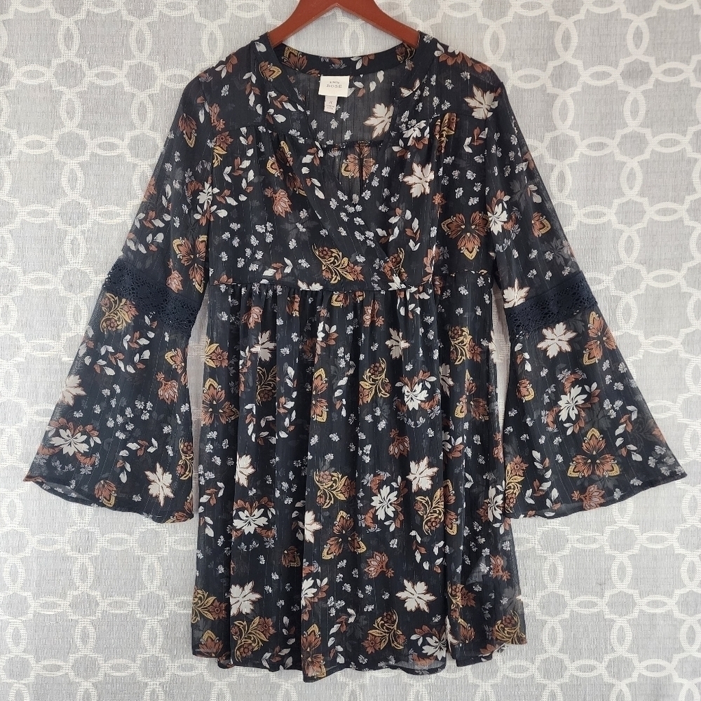 Knox Rose Floral Printed Bell Sleeve Wrap Tunic Mini Chiffon Dress M